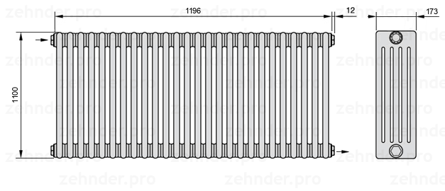 Схема (чертеж) Радиатор Zehnder Charleston 5110/26 №1670 Белый глянцевый RAL 9016